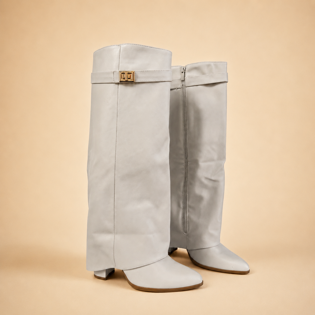 Aurelia Ivory Fold-Over Knee-High Boots with Gold Buckle