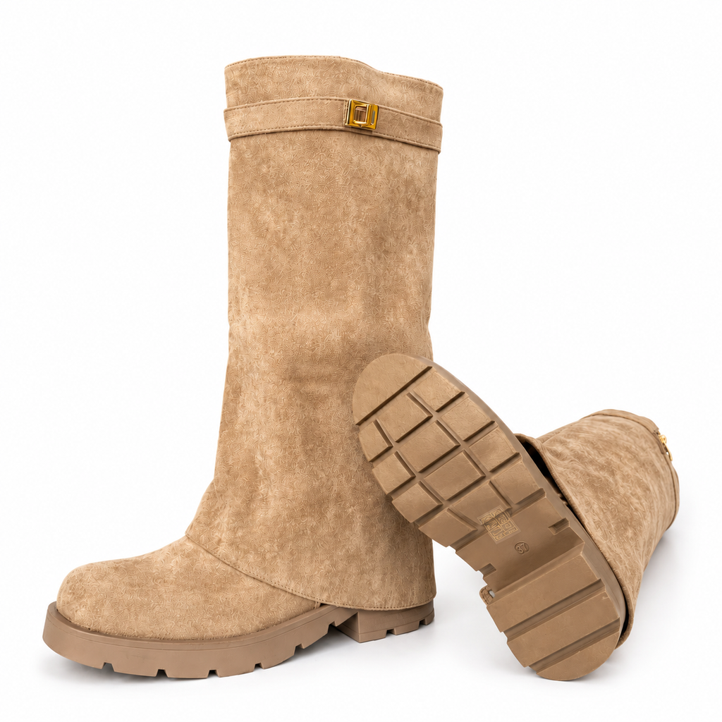 Avery Camel Knee High Biker Boots with Gold Buckle Detail