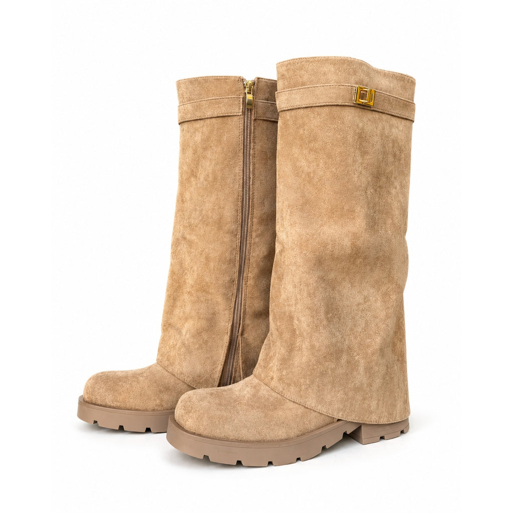 Avery Camel Knee High Biker Boots with Gold Buckle Detail