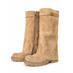 Avery Camel Knee High Biker Boots with Gold Buckle Detail