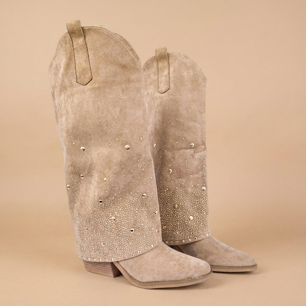 Celeste Beige Sparkle Western Cowboy Knee High Boots