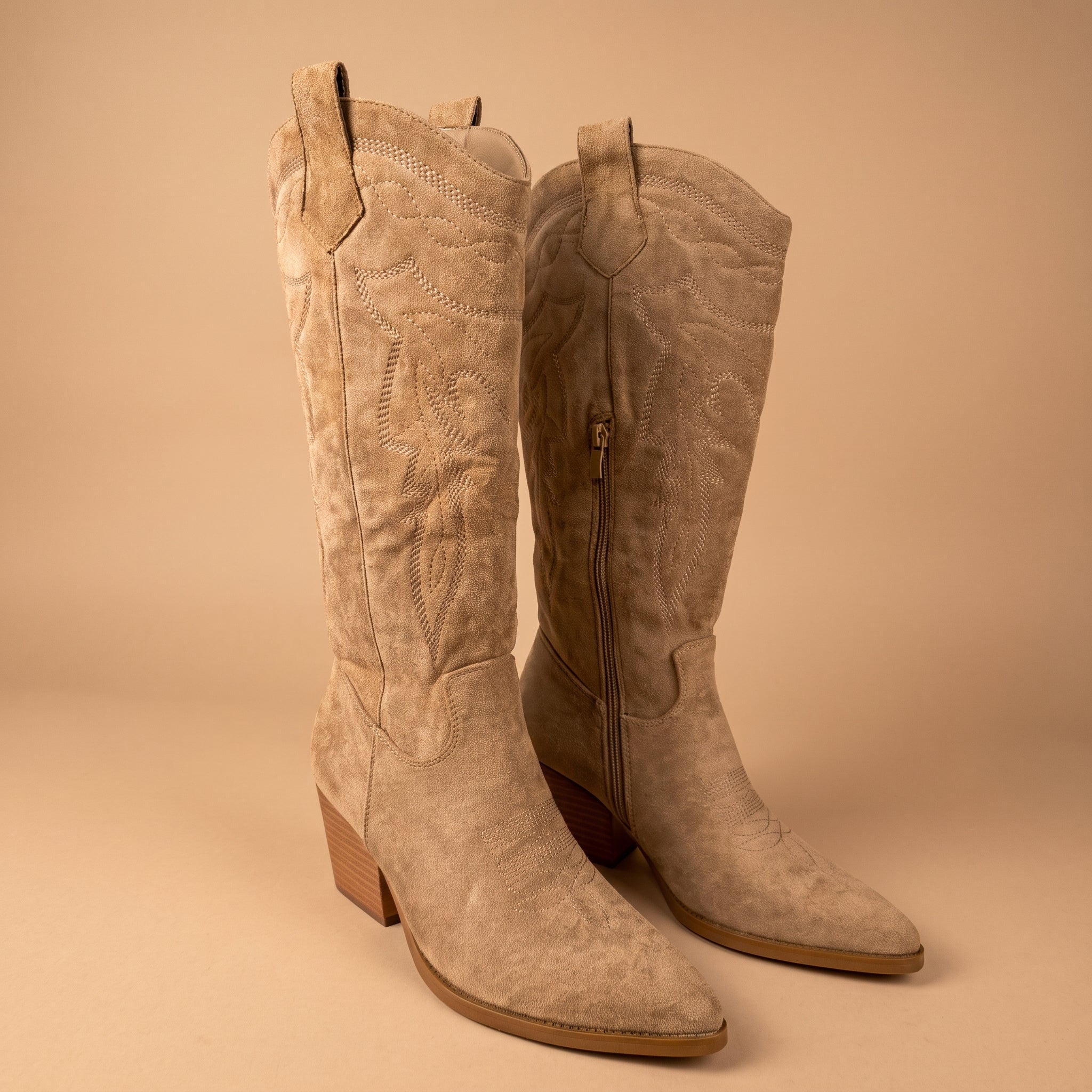 Dakota Camel Suede Western Cowboy Knee High Boots with Embroidered Detail