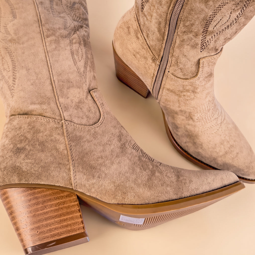 IconWest Camel Suede Western Cowboy Knee High Boots with Embroidered Detail