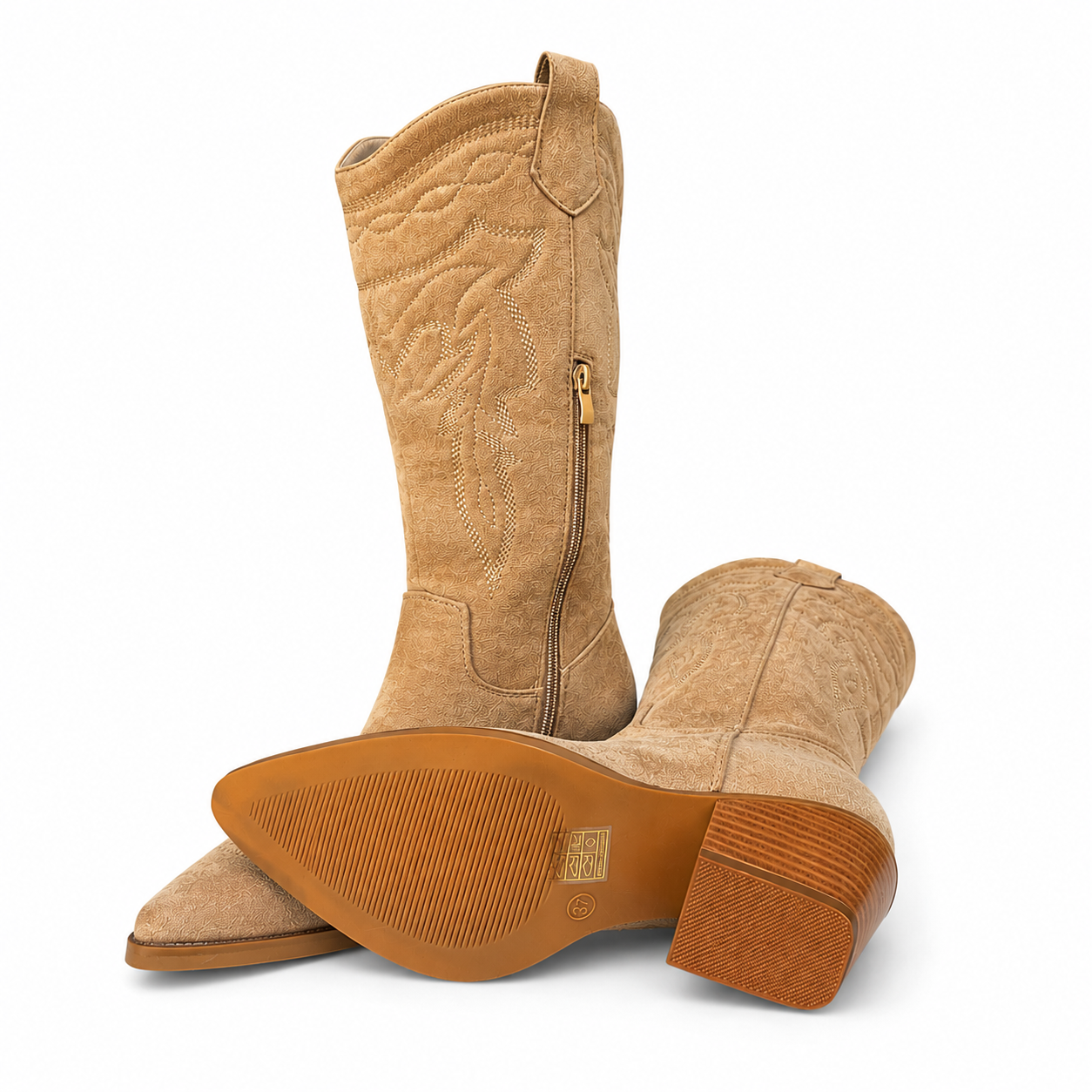 Dakota Camel Suede Western Cowboy Knee High Boots with Embroidered Detail