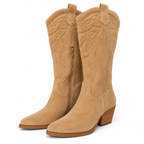 Dakota Camel Suede Western Cowboy Knee High Boots with Embroidered Detail