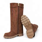 Harper Brown Knee High Biker Boots with Gold Buckle & Chunky Sole