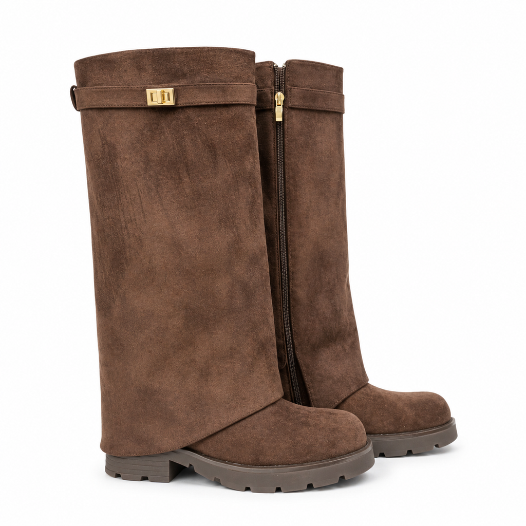 Harper Brown Knee High Biker Boots with Gold Buckle & Chunky Sole