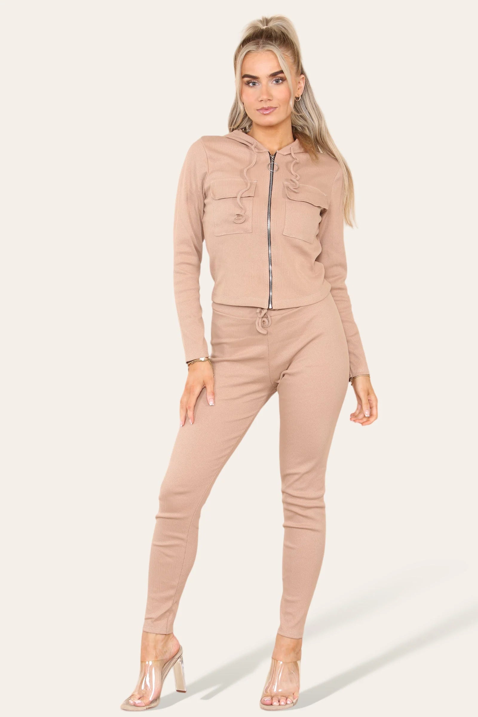 Mila Ribbed Zip-Up Hooded Loungewear Set