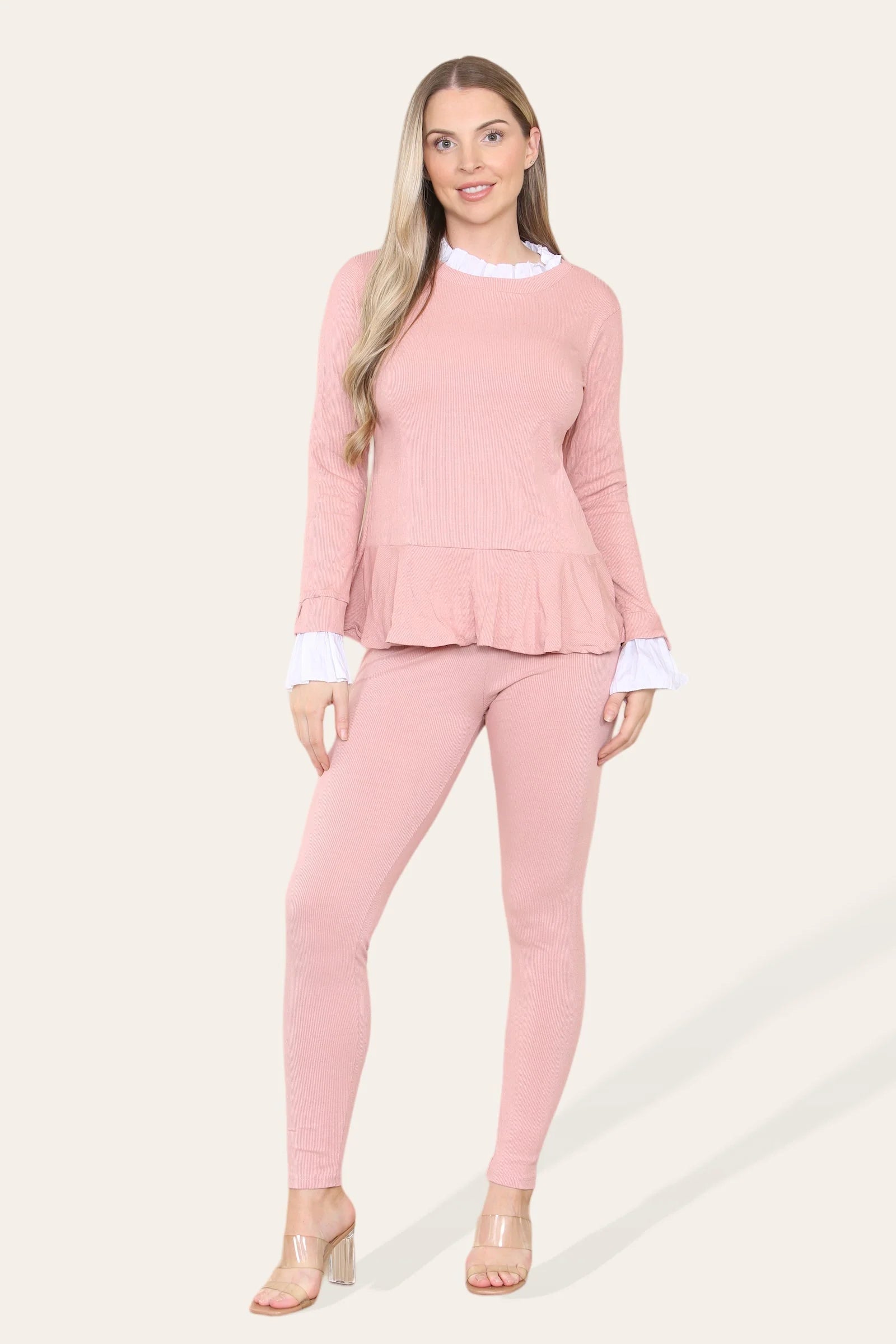 Elodie Frill-Trim Peplum Ribbed Lounge Wear Set