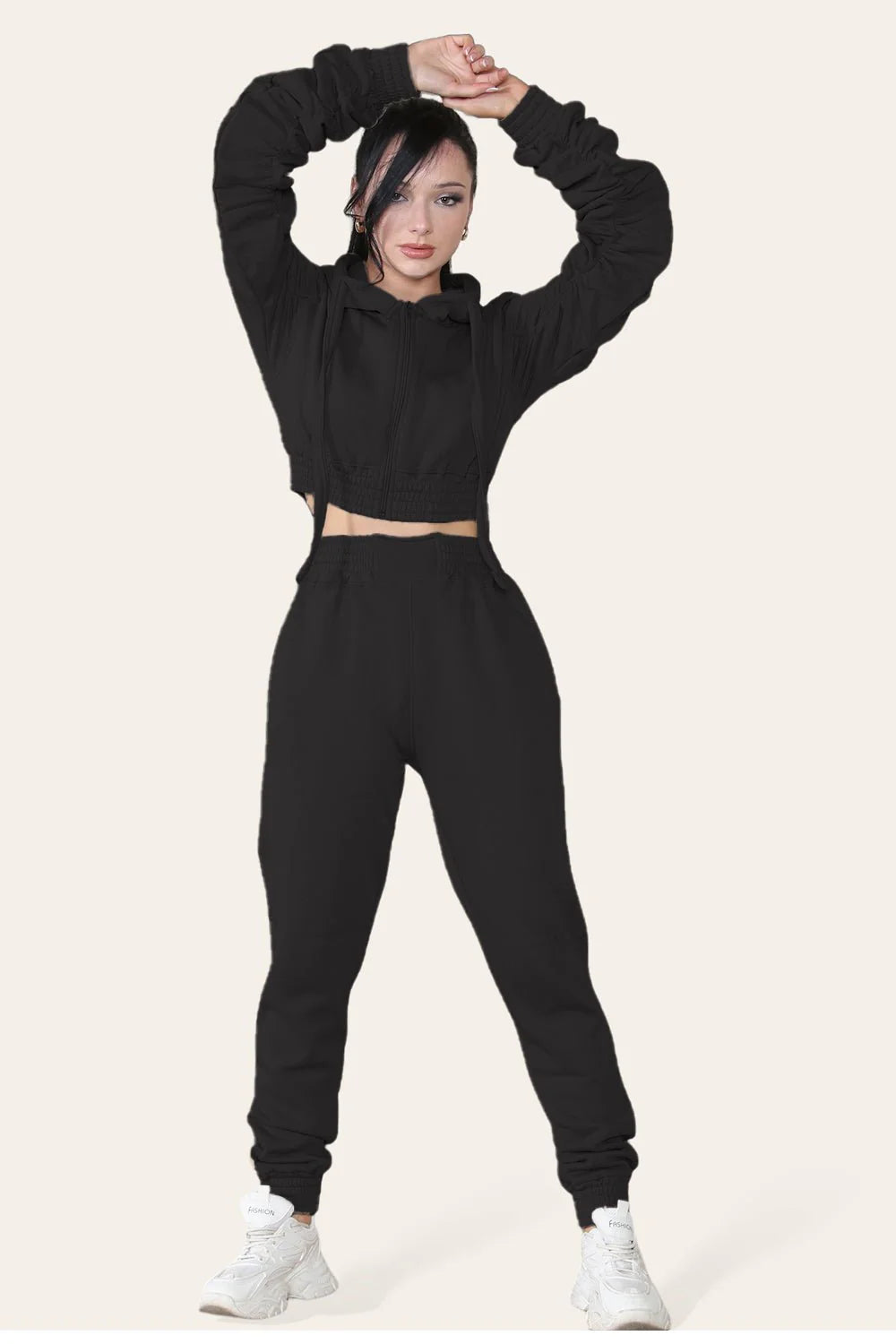 Raya Ruched-Sleeve Cropped Hoodie & Jogger Tracksuit Set