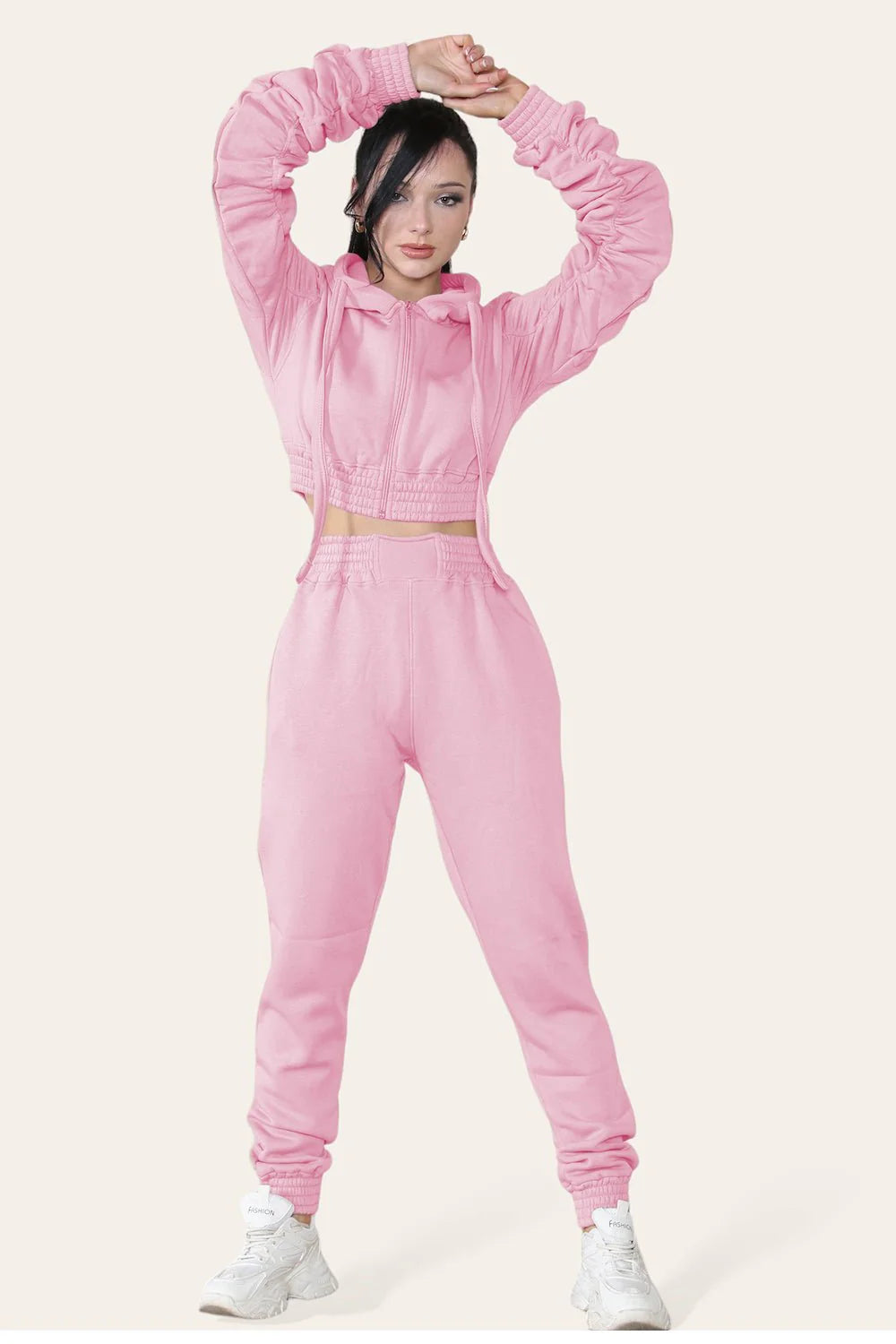 Raya Ruched-Sleeve Cropped Hoodie & Jogger Tracksuit Set