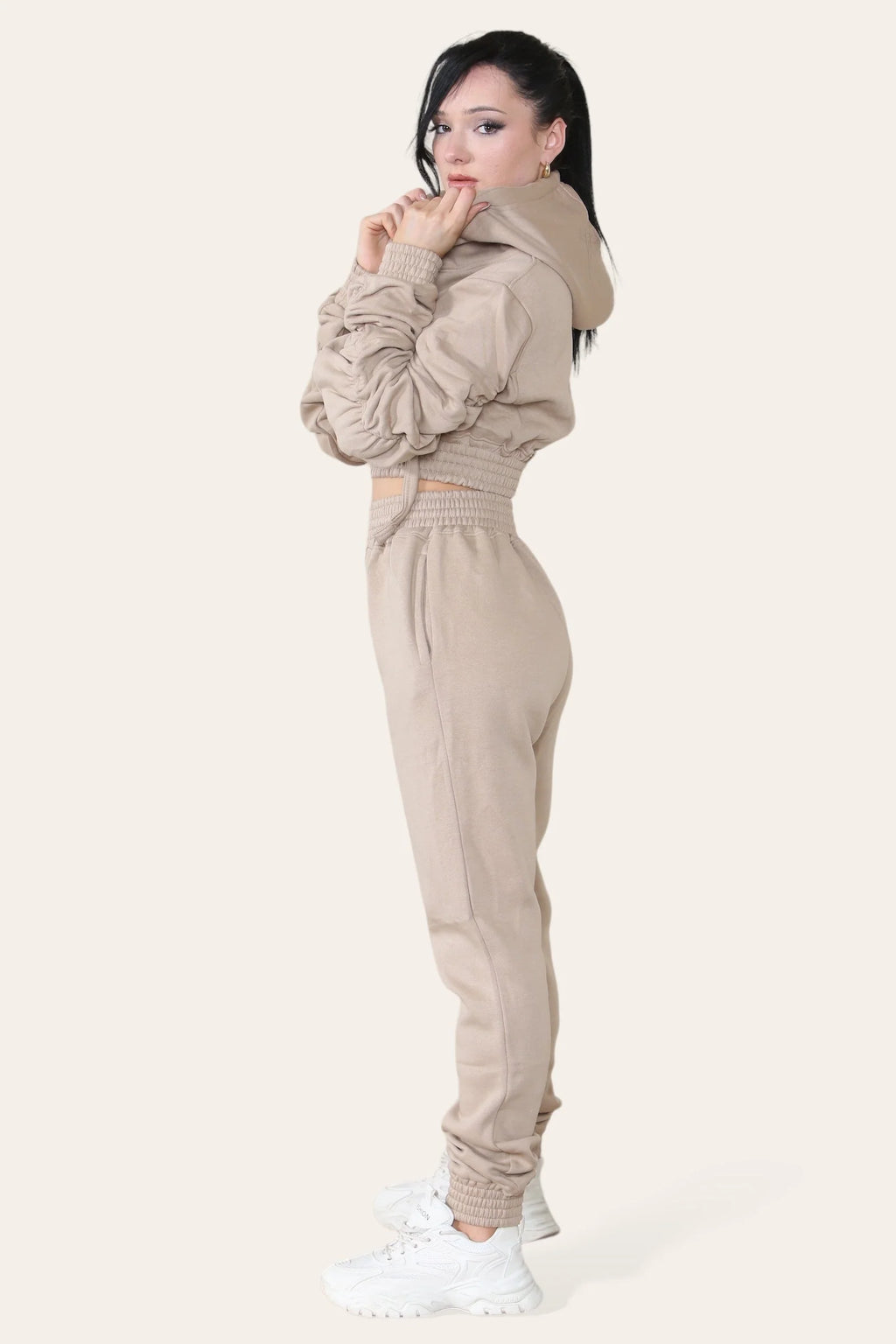 Raya Ruched-Sleeve Cropped Hoodie & Jogger Tracksuit Set
