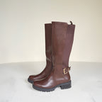 IconBuckle Chocolate Brown Knee-High Boots with Gold Buckle & Chunky Sole