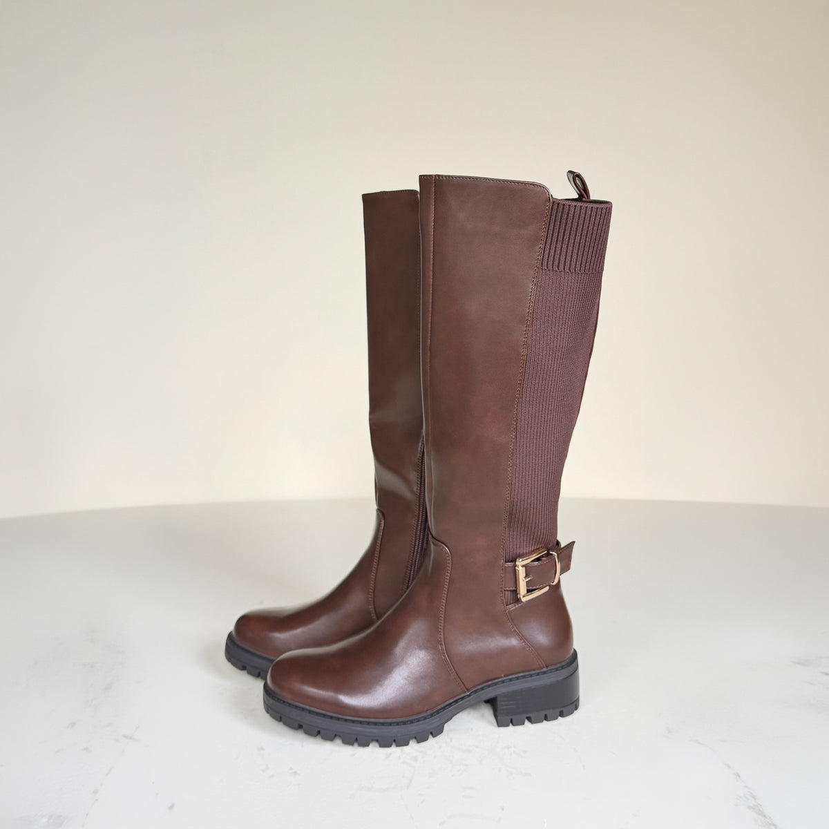 IconBuckle Chocolate Brown Knee-High Boots with Gold Buckle & Chunky Sole