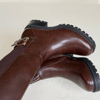 IconBuckle Chocolate Brown Knee-High Boots with Gold Buckle & Chunky Sole