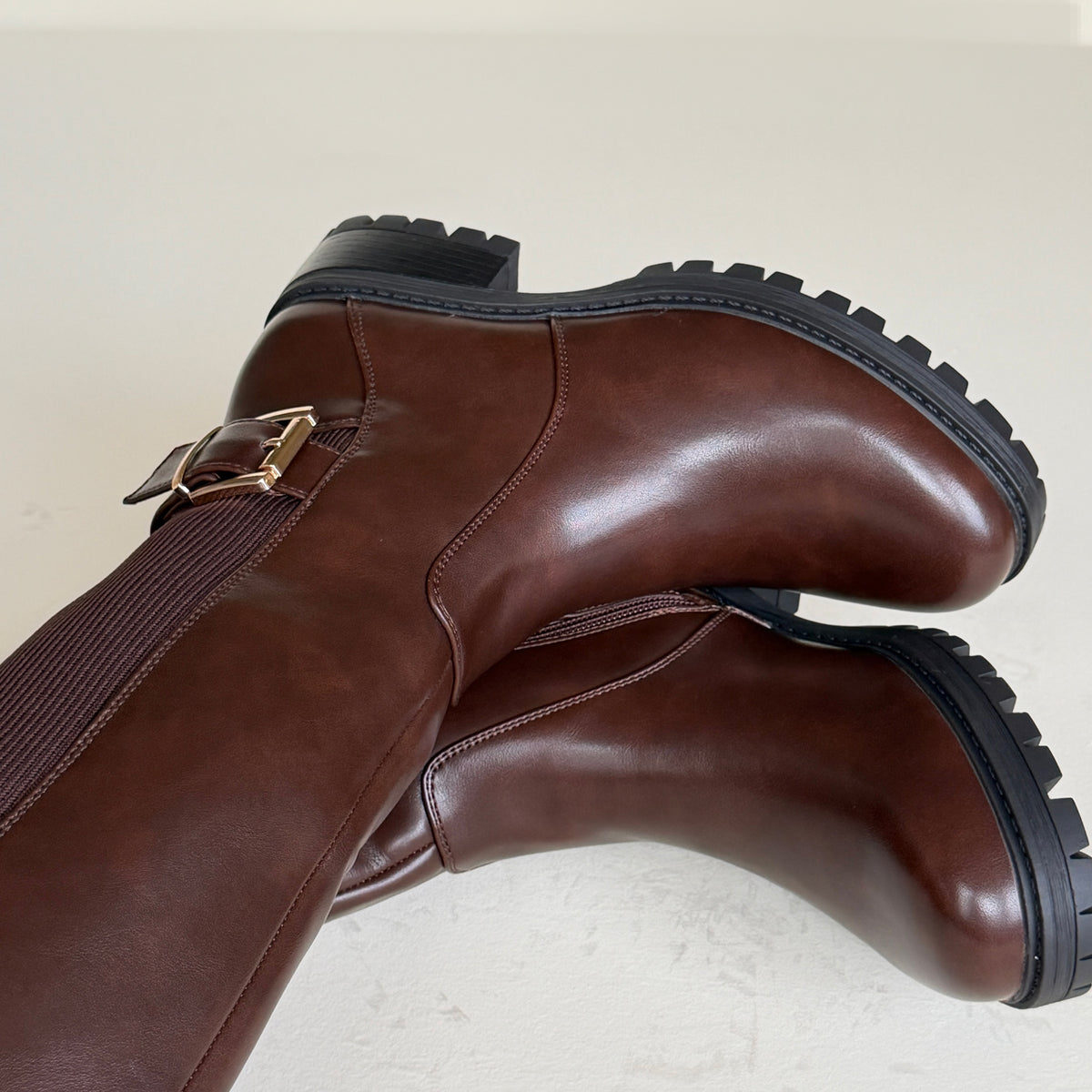 IconBuckle Chocolate Brown Knee-High Boots with Gold Buckle & Chunky Sole