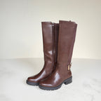 IconBuckle Chocolate Brown Knee-High Boots with Gold Buckle & Chunky Sole