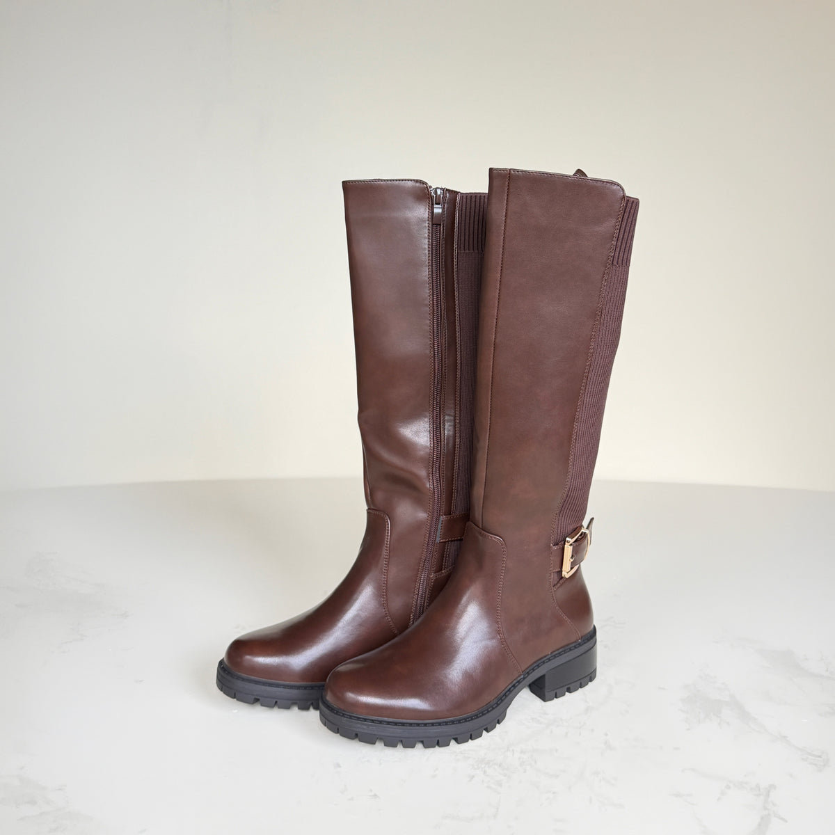IconBuckle Chocolate Brown Knee-High Boots with Gold Buckle & Chunky Sole
