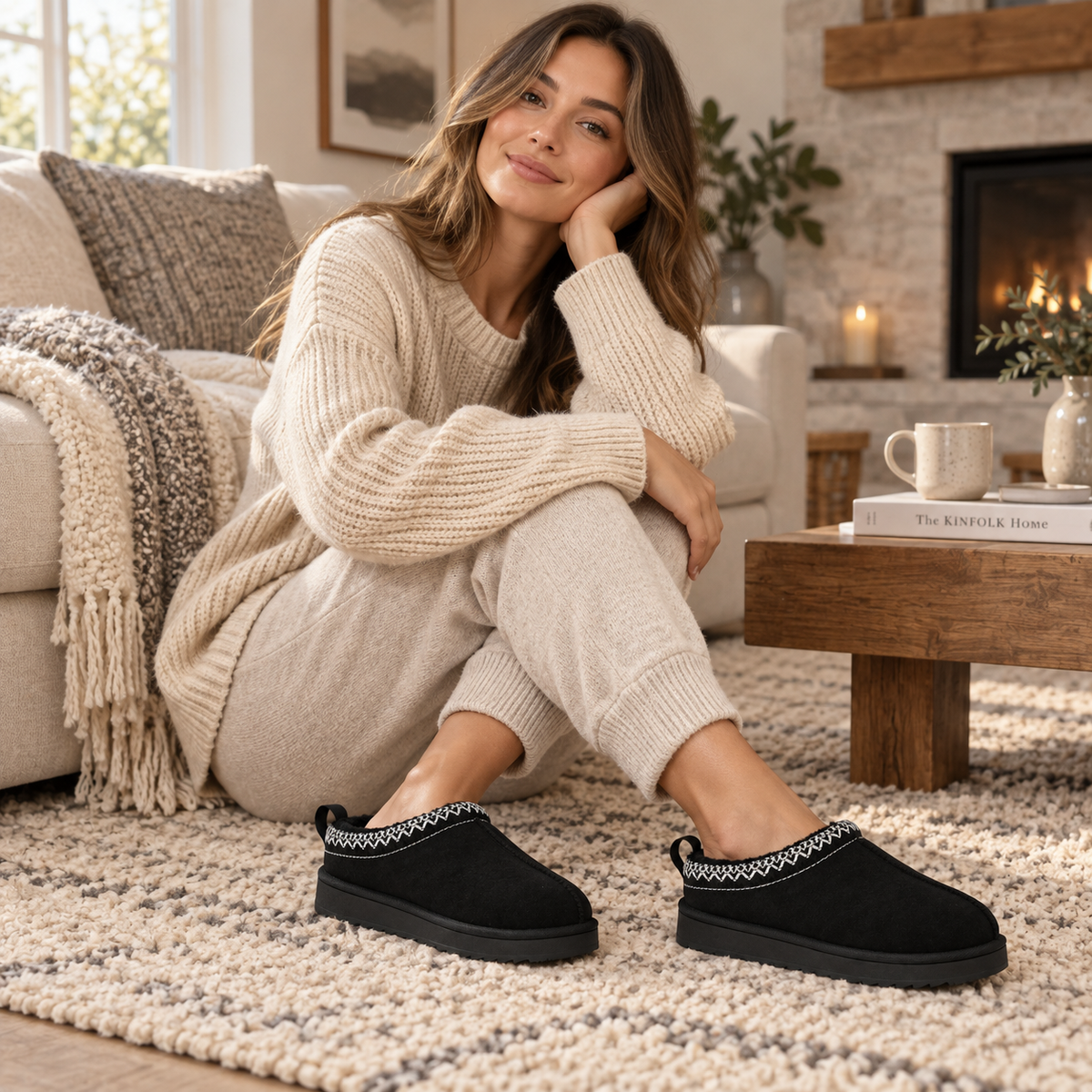 IconCozy Black Plush-Lined Suede Mule Slippers