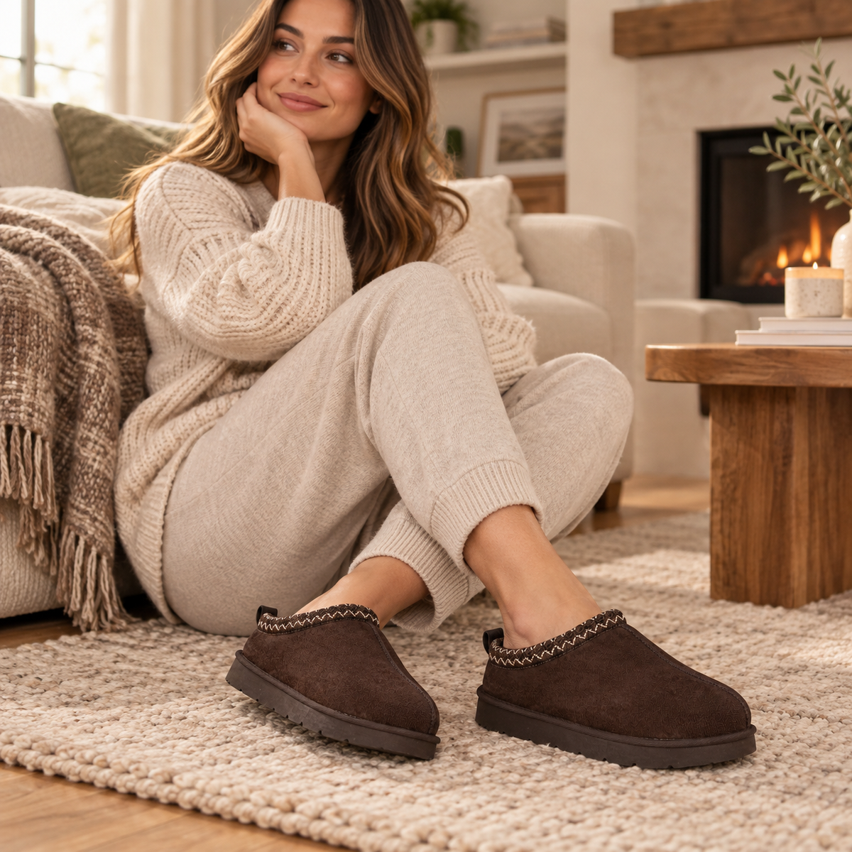 IconCozy Chocolate Brown Plush-Lined Suede Mule Slippers