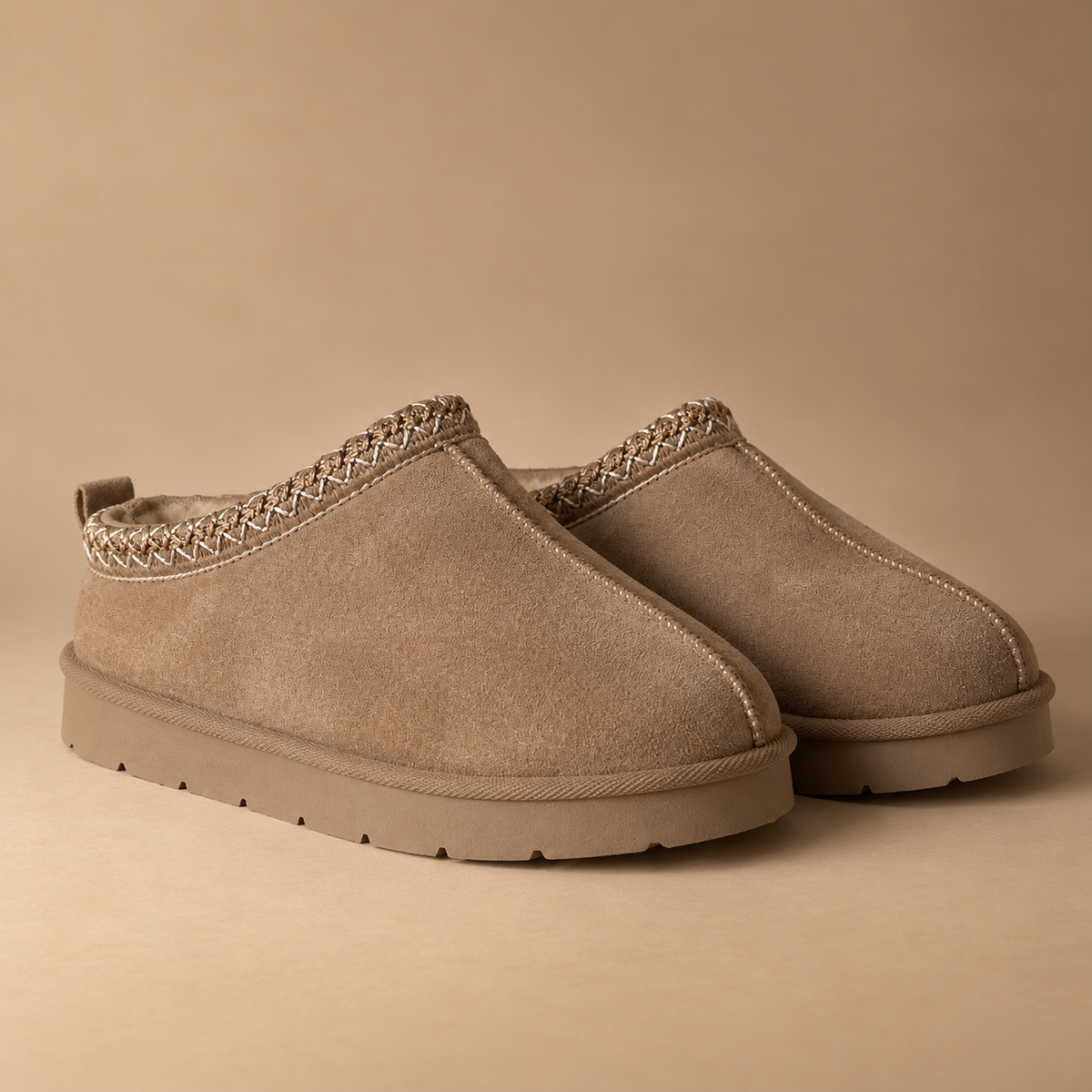 IconCozy Taupe Plush-Lined Suede Mule Slippers