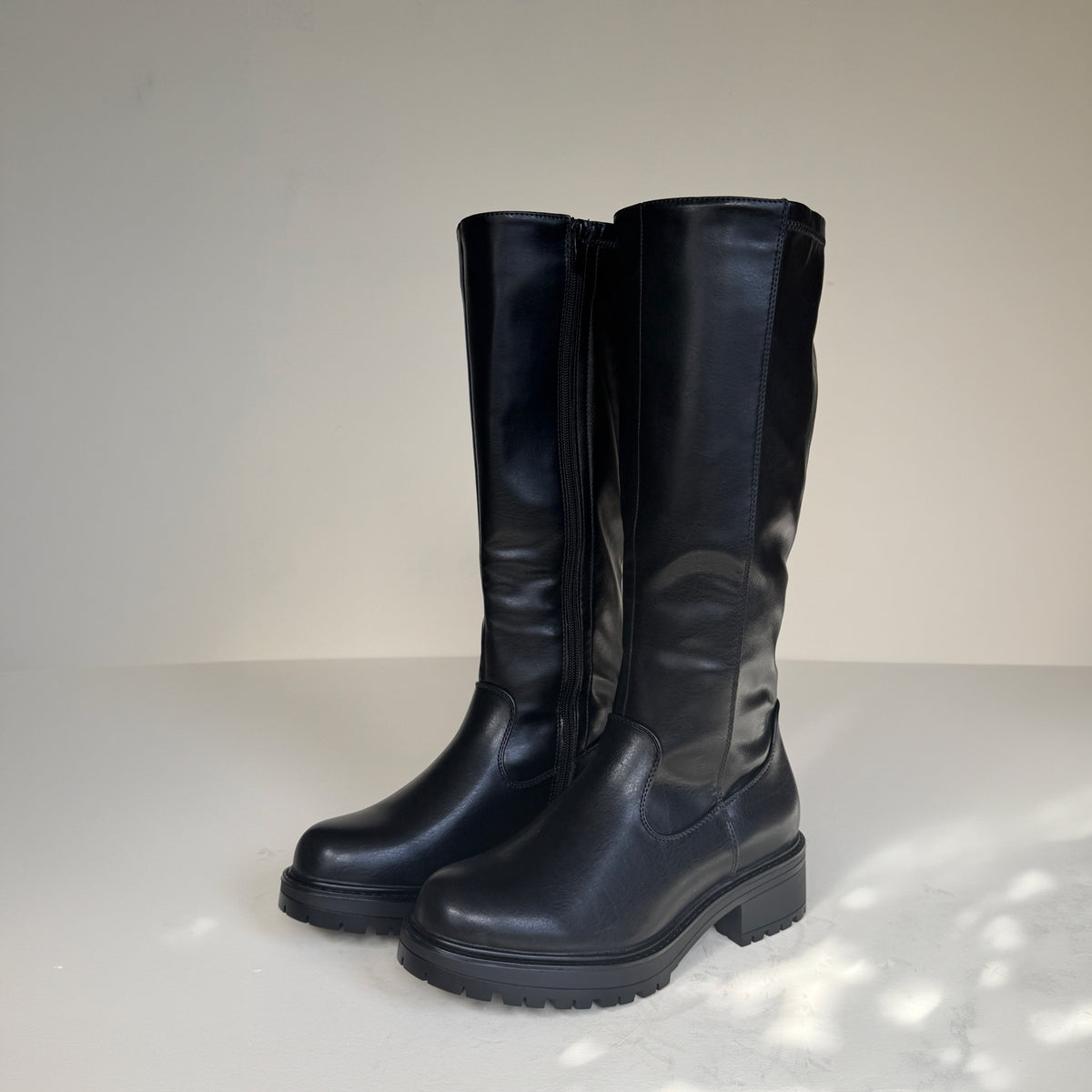 IconEdge Black Knee-High Biker Boots with Chunky Sole