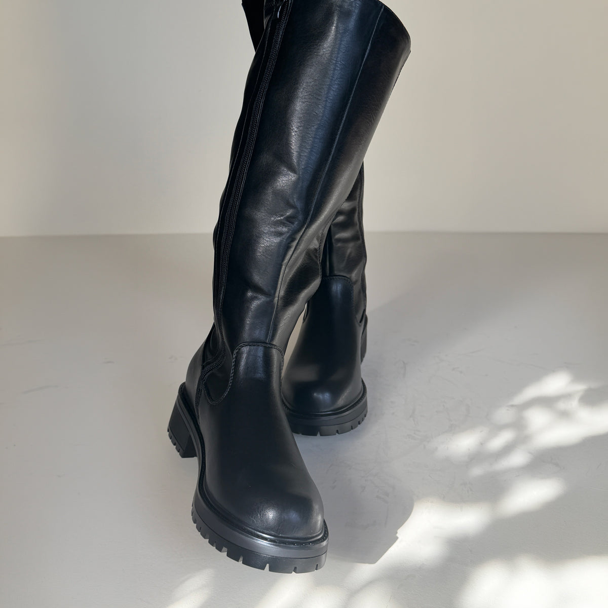 IconEdge Black Knee-High Biker Boots with Chunky Sole