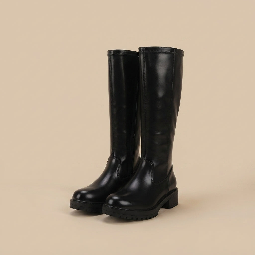 IconEdge Black Knee-High Biker Boots with Chunky Sole