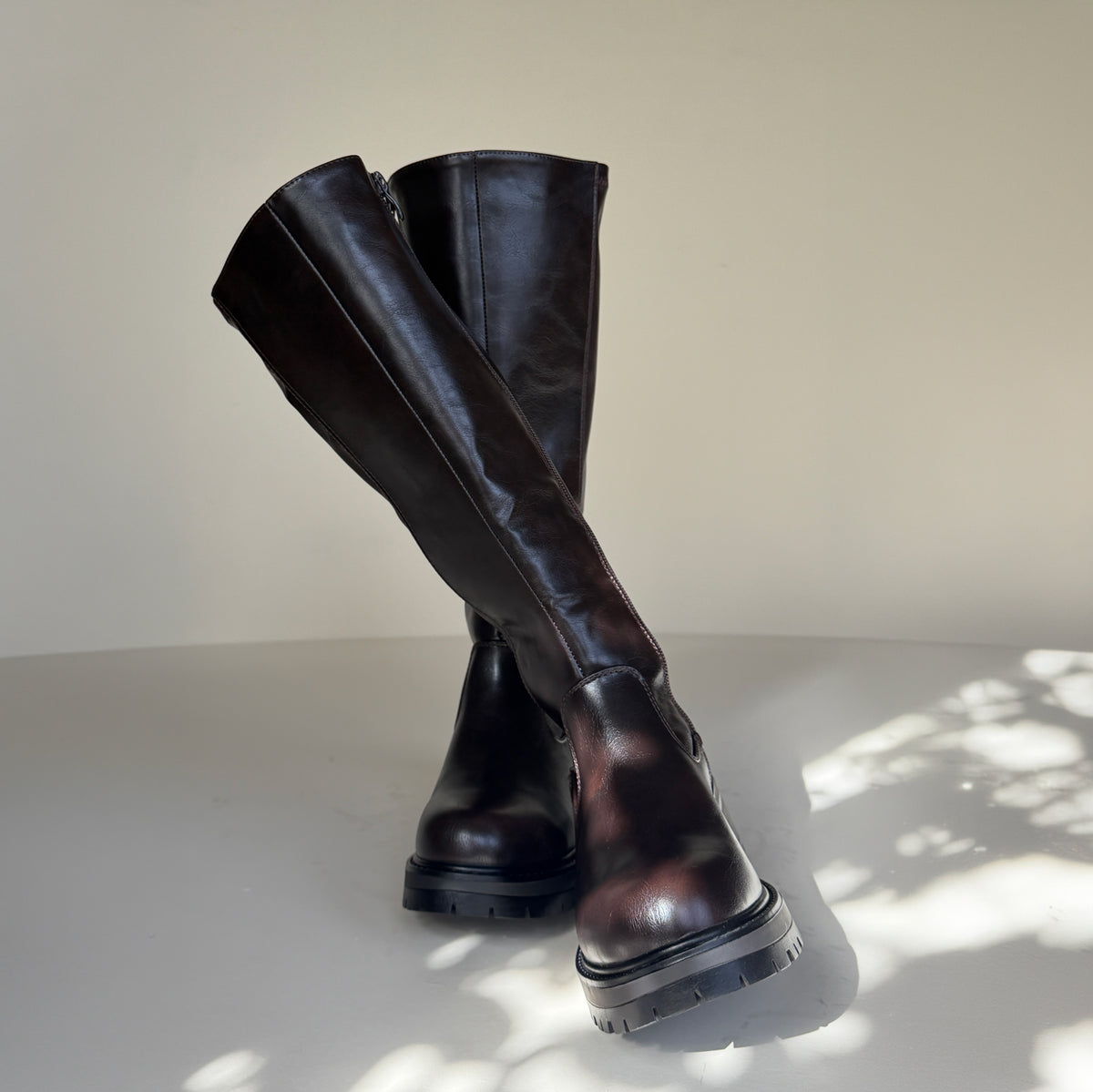 IconEdge Dark Brown Knee-High Biker Boots with Chunky Sole