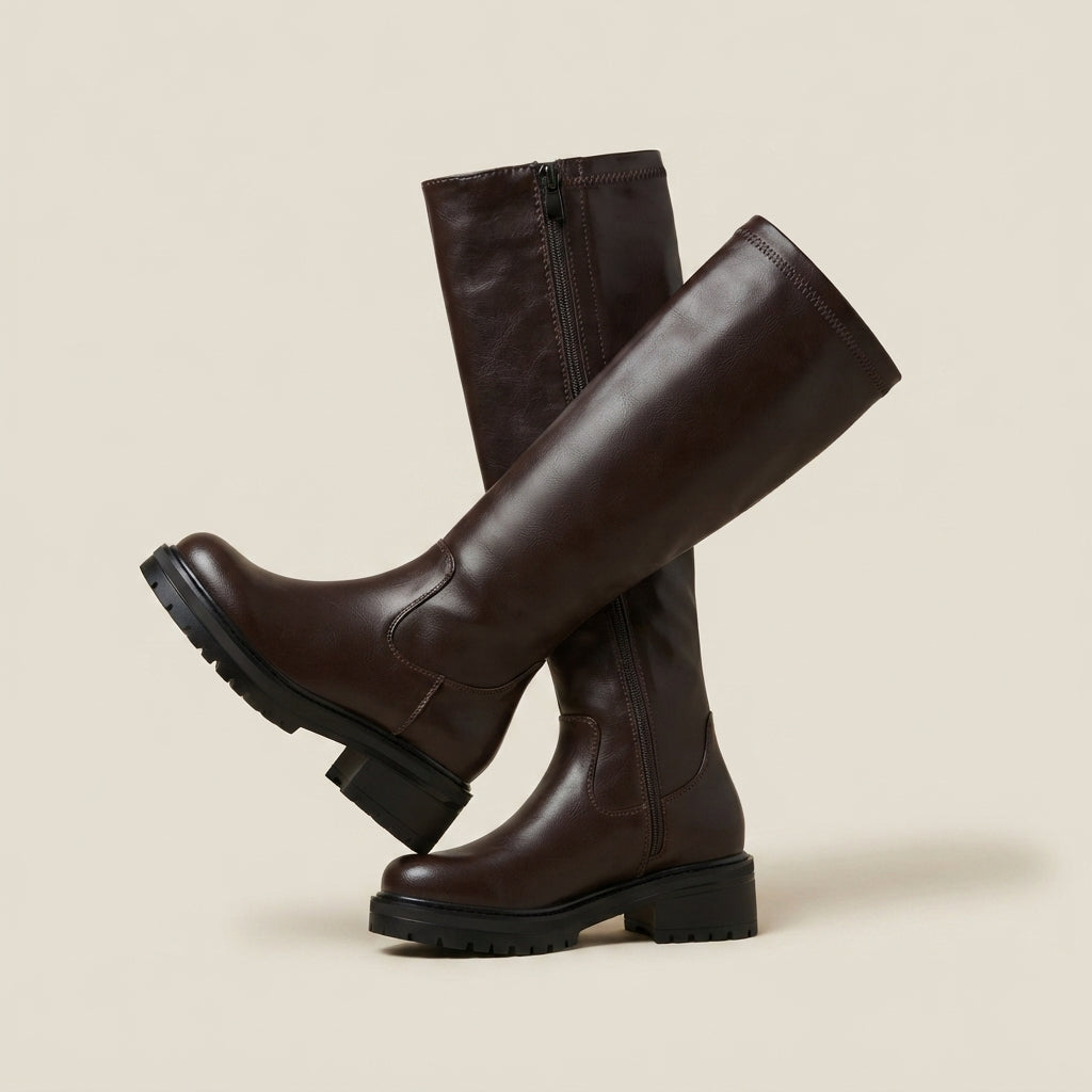 IconEdge Dark Brown Knee-High Biker Boots with Chunky Sole