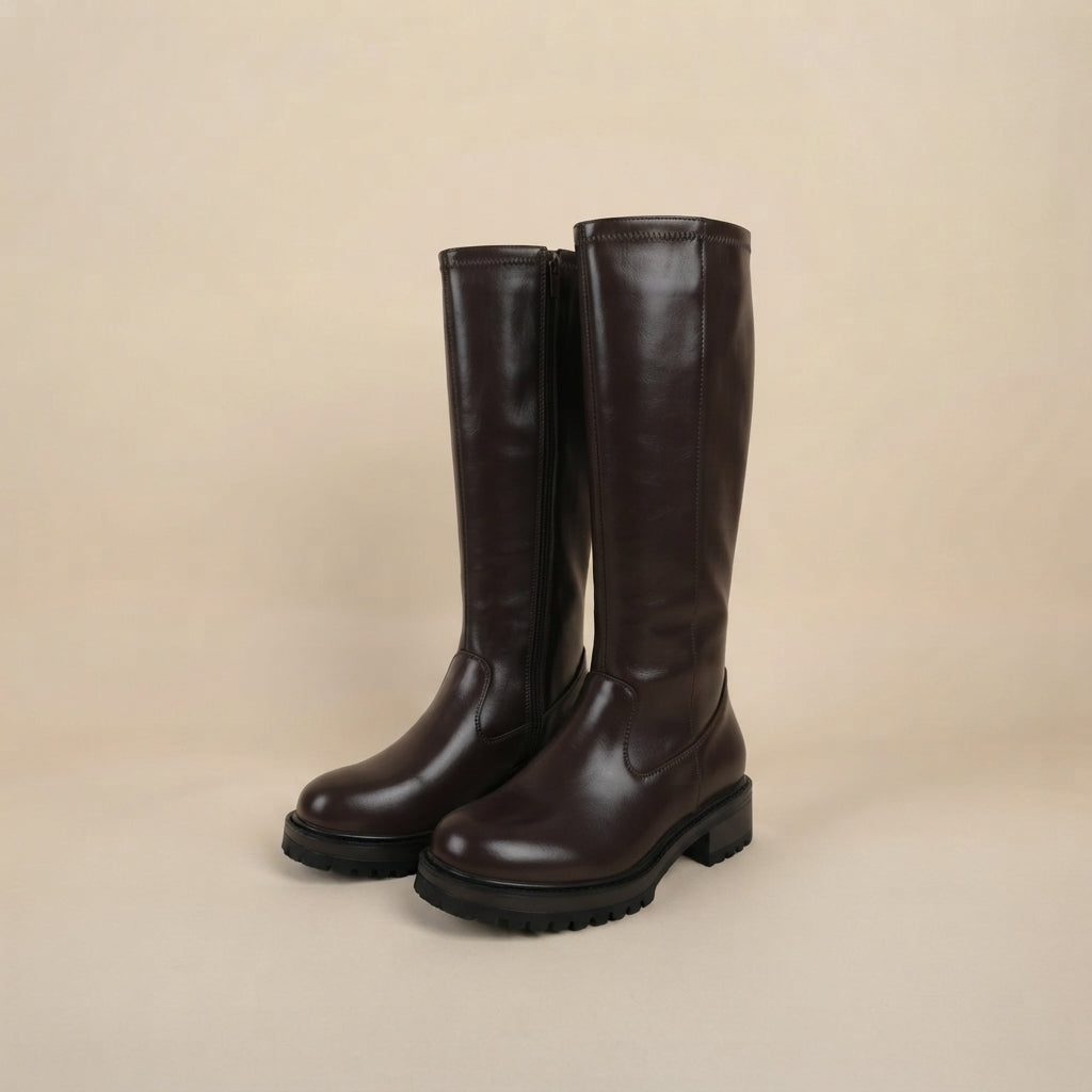 IconEdge Dark Brown Knee-High Biker Boots with Chunky Sole