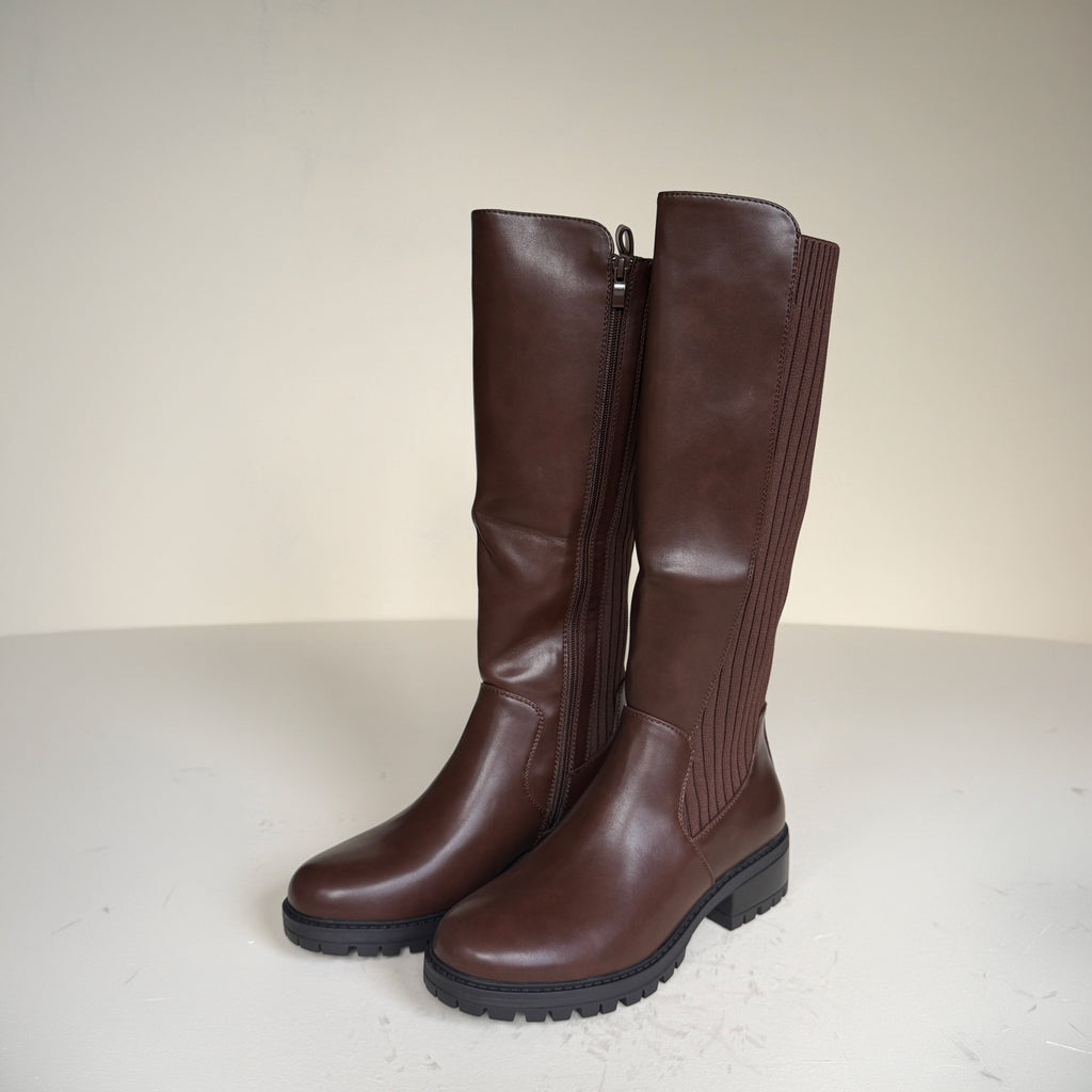IconFlex Chocolate Brown Knee-High Boots with Stretch Panel & Chunky Sole