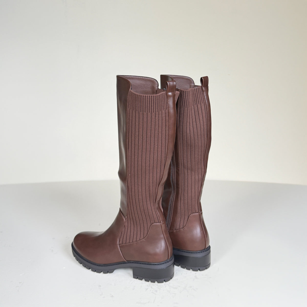 IconFlex Chocolate Brown Knee-High Boots with Stretch Panel & Chunky Sole