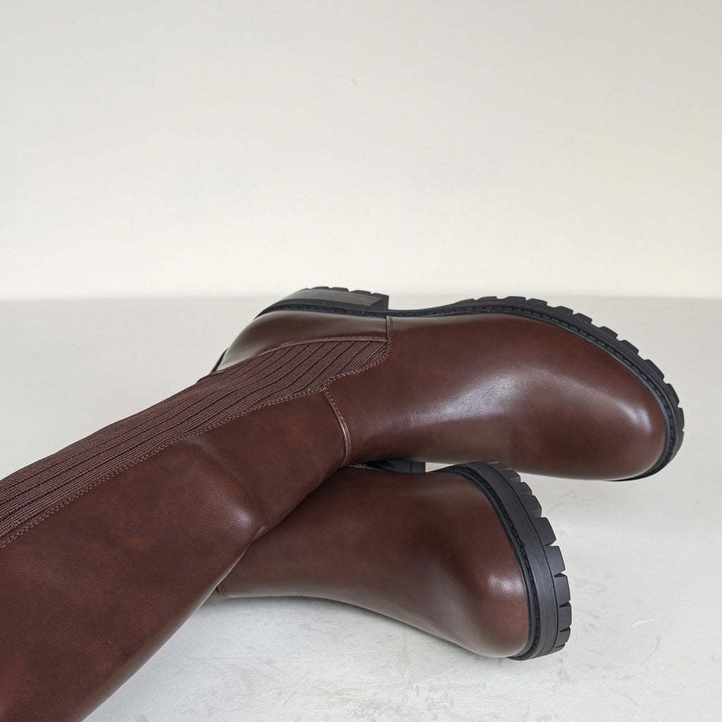 IconFlex Chocolate Brown Knee-High Boots with Stretch Panel & Chunky Sole