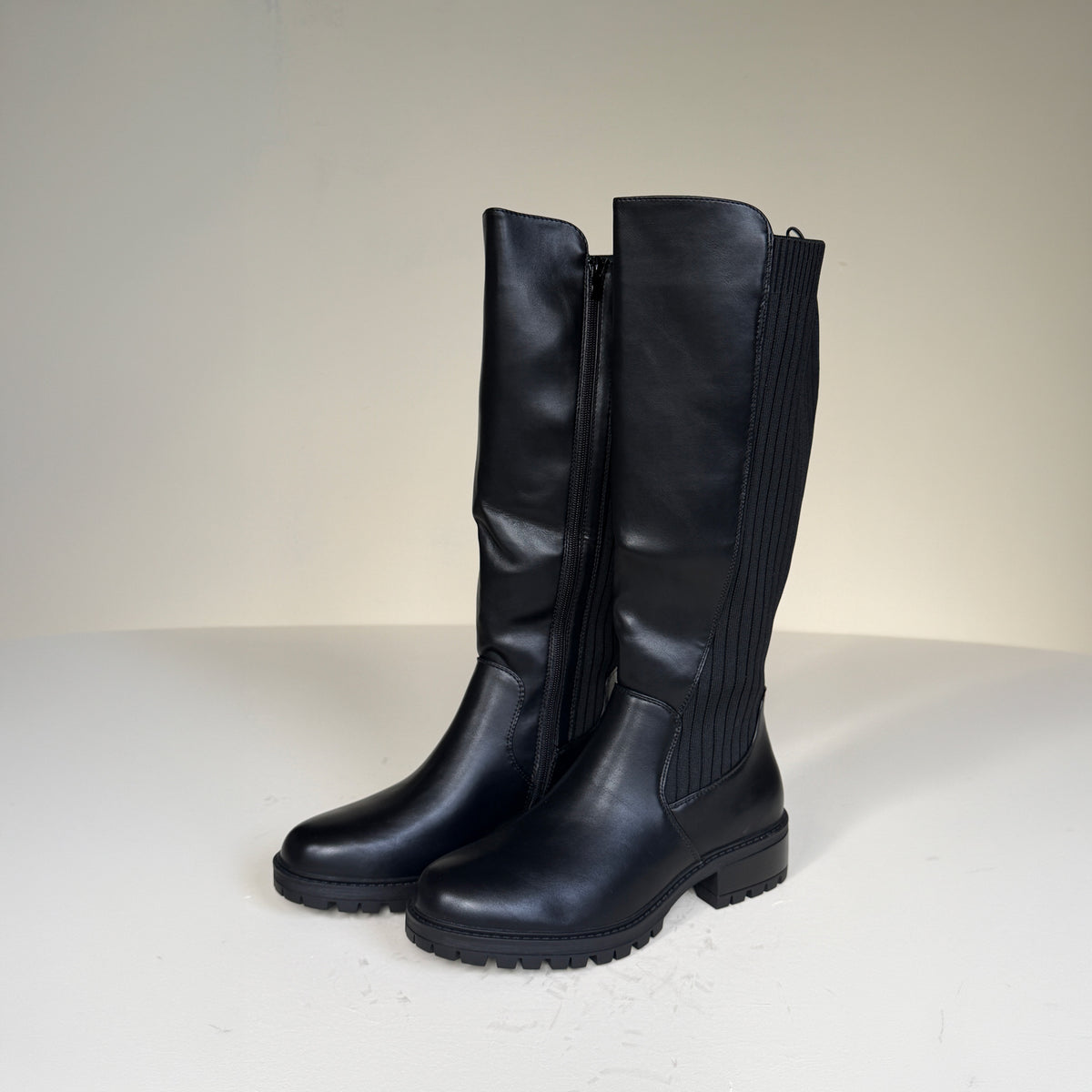 IconFlex Black Knee-High Boots with Stretch Panel & Chunky Sole