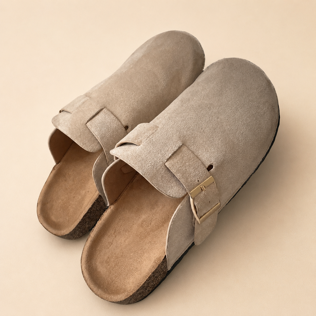 Marlow Beige Suede-Effect Buckle Mule Clogs