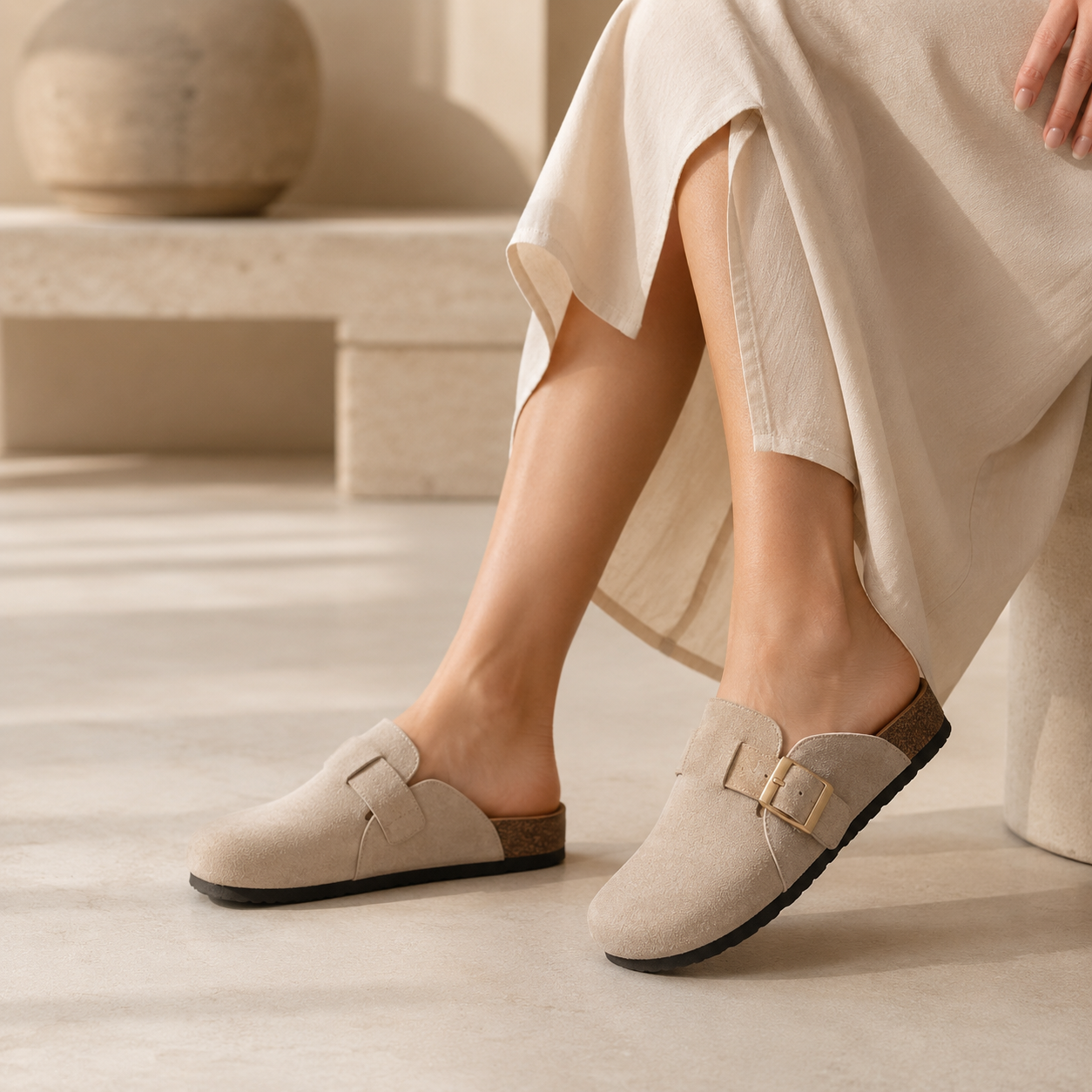 Marlow Beige Suede-Effect Buckle Mule Clogs