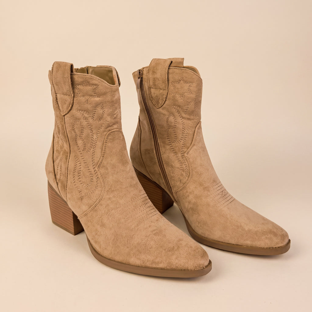 Savannah Camel Taupe Suede Ankle Cowboy Boots