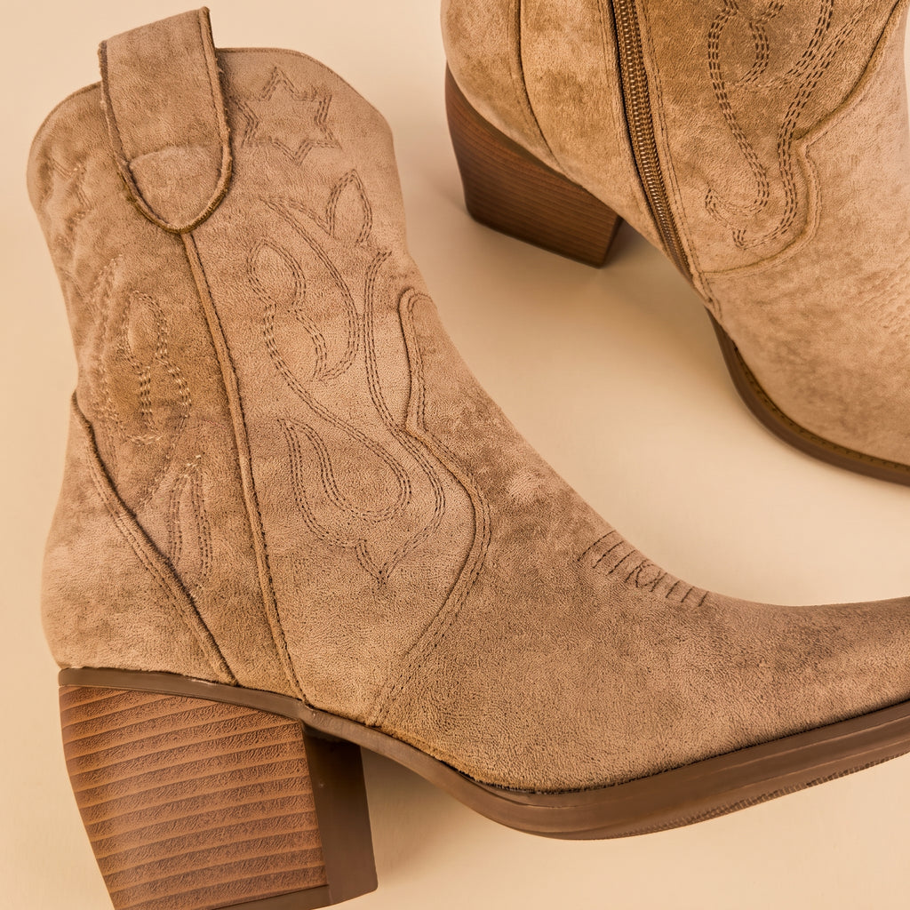 Savannah Camel Taupe Suede Ankle Cowboy Boots
