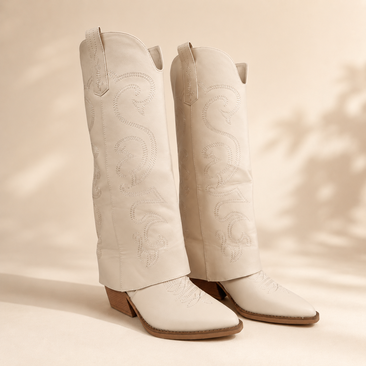 Savannah Ivory Embroidered Fold-Over Knee-High Cowboy Boots