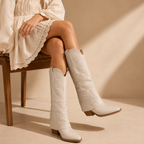 Savannah Ivory Embroidered Fold-Over Knee High Cowboy Boots