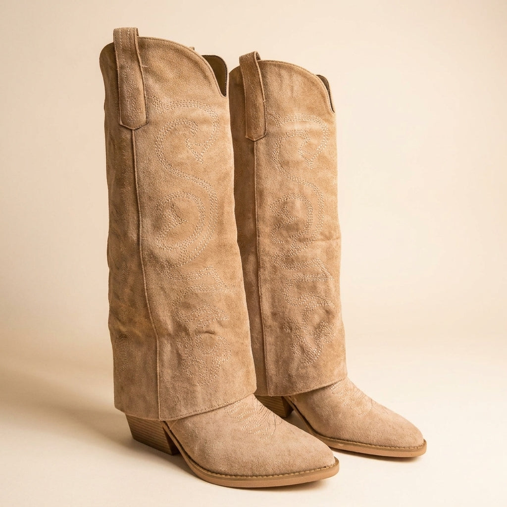 IconSierra Camel Suede Embroidered Western Cowboy Knee High Boots