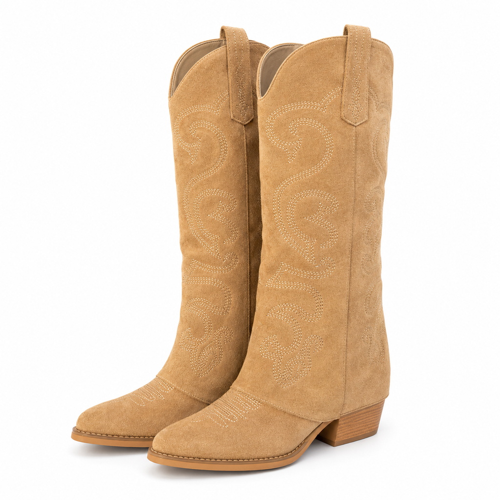 Sierra Camel Suede Embroidered Western Cowboy Knee High Boots